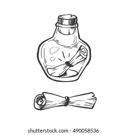 Message in a bottle, vector illustration. Paper in a bottle. Letter in a bottle with paper roll. Hand drawn, sketch.