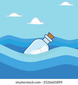 Mensaje en una botella de agua ilustración en estilo plano