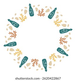 Message in a Bottle Wreath. Nautical frame with rocks seaweed coral and beach pebbles. For adventure vacation summer or treasure themed vector illustrations.