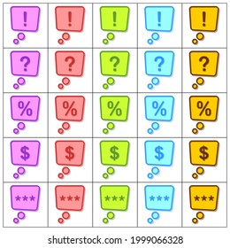 Cuadro de mensaje con exclamación, interrogativo, porcentaje, dólar, iconos de tres estrellas. Ilustración vectorial.