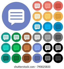 Message box with rows multi colored flat icons on round backgrounds. Included white, light and dark icon variations for hover and active status effects, and bonus shades on black backgounds.