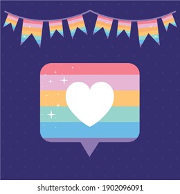 message bubble with pride lgbtq color, one heart in the middle of it and one garland on a purple background vector illustration design