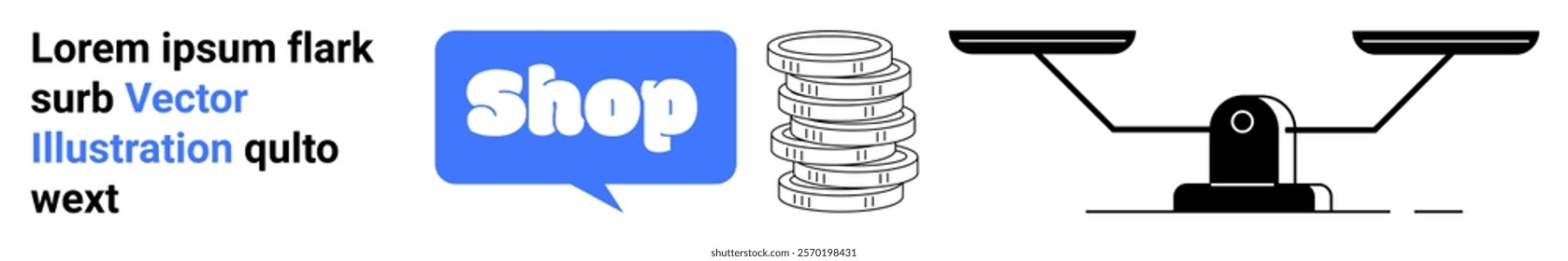 Message bubble with shop text next to stacked coins and balance scale. Ideal for e-commerce, financial management, balance, online shopping, retail economics. Banner for landing page