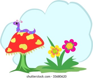 Message Bubble with Worm, Mushroom, and Flowers Vector