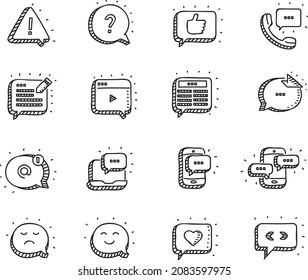 Message bubbles and chat icons, question message, exclamation or alert sign, mobile messaging, communication. Sketchy doodle vector set