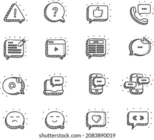 Message bubbles and chat icons, question message, exclamation or alert sign, mobile messaging, communication. Vector doodle sketchy icons set.