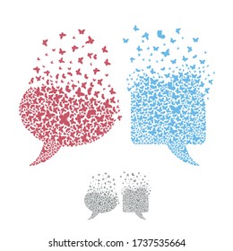Message bubbles with effect of destruction. Dispersion. Dialogue clouds from butterflies or moth.