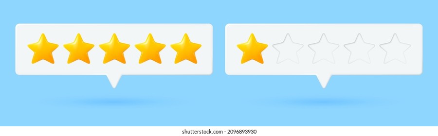 Message bubbles with stars rating vector. 3d stars customer review, quality service. Game rate or score. Customer feedback concept. Website or smartphone application client feedback.