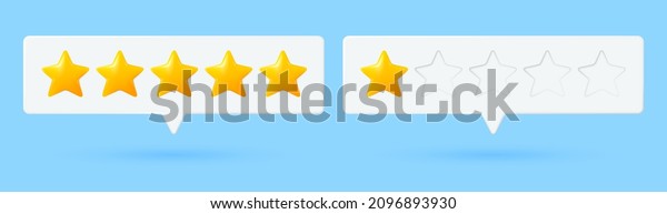 Message bubbles\
with stars rating vector. 3d stars customer review, quality\
service. Game rate or score. Customer feedback concept. Website or\
smartphone application client\
feedback.
