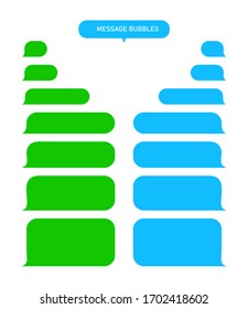 Message Bubbles For Text Chat. Sms, Mms, Speech Box In Mobile Phone App. Green And Blue Interface Of Dialogue. Blank Template Messenger For Conversation Or Talk. Social Speach Service. Vector.