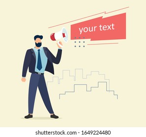 The Message. Businessman communicates through a megaphone. Concept business illustration