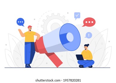 The Message. Businessman talk in megaphone with question. Concept business Vector illustration in flat design. 