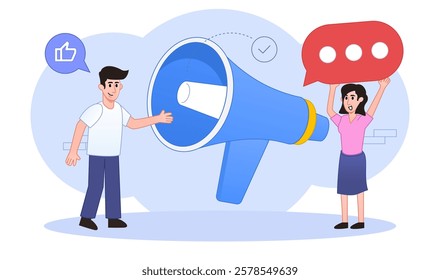 The Message. Businessman talk in megaphone with question. Concept business Vector illustration in flat design.