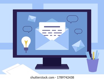 Message by mail in an envelope on computer. Office worker workplace with text message, letter, news, spam. Incoming and outgoing letter. Digital communication. Social media, business concept. Vector