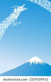 Message card with dragon clouds spreading in the blue sky and majestic Mt. Fuji. Vertical type.
