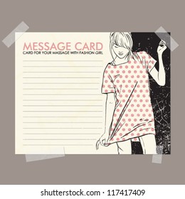 Message card with fashion girl fixed with sticky tape. Vector illustration.