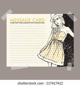 Message card with fashion girl fixed with sticky tape. Vector illustration.