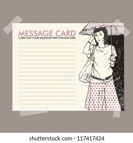 Message card with fashion girl fixed with sticky tape. Vector illustration.