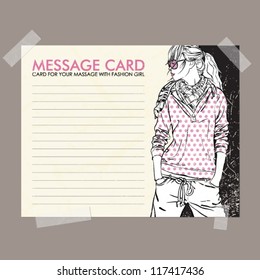 Message card with fashion girl fixed with sticky tape. Vector illustration.