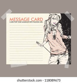 Message card with fashion girl fixed with sticky tape. Vector illustration.