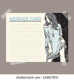 Message card with fashion girl fixed with sticky tape. Vector illustration.