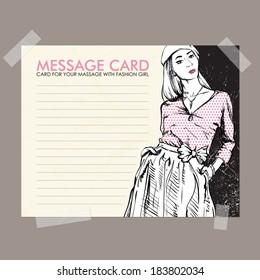 Message card with fashion girl fixed with sticky tape. Vector illustration.