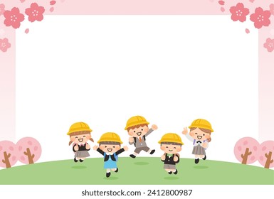 message card illustration material for cherry blossoms and elementary school children