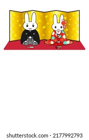 Message card illustration with rabbit bride and groom sitting side by side. Vertical type. Vector illustration.