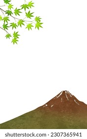 Message card with Mt. Fuji in Japan and green autumn leaves in summer. Vertical type postcard template. Vector illustration.