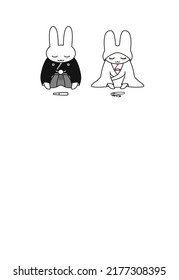 Message card with a rabbit bride and groom bowing. Vector illustration.