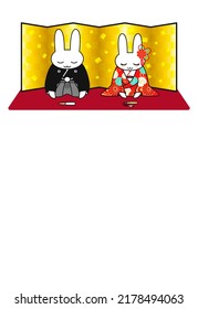 Message card with a rabbit bride and groom bowing. Vector illustration.