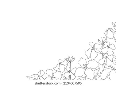Message card with spring flowers drawn with black line drawing on white background. Vector illustration.