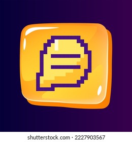 Message in chat glossy ui button with pixelated color icon. Communication online. Editable 8bit graphic element on shiny glass rectangle shape. Isolated image for arcade, video game design
