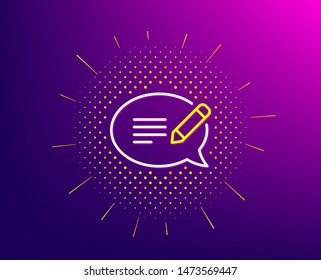 Message chat line icon. Halftone pattern. Speech bubble sign. Feedback symbol. Gradient background. Message line icon. Yellow halftone pattern. Vector