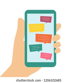 Message chat on mobile phone in hand. Vector illustration in cartoon and flat style