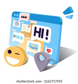 El mensaje, el chat, las redes sociales. Modelo 3d de una pantalla de computadora con un mensaje abierto. Gráficos vectoriales en fondo blanco