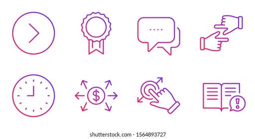 Message, Click hands and Forward line icons set. Dollar exchange, Reward and Touchscreen gesture signs. Clock, Facts symbols. Chat bubble, Direction. Gradient message icon. Vector