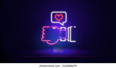 Message in the clock letter with a heart in neon style. Messaging love neon sign, modern glowing banner design, colorful trend of modern design on black background. Vector illustration.