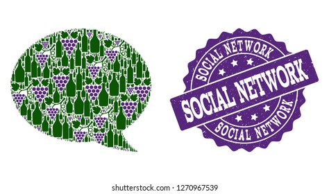 Message cloud composition of alcohol bottles and grape and grunge stamp seal. Isolated vectors in green and purple colors on a white background for bars, alcohol shop banners, ads, concepts.