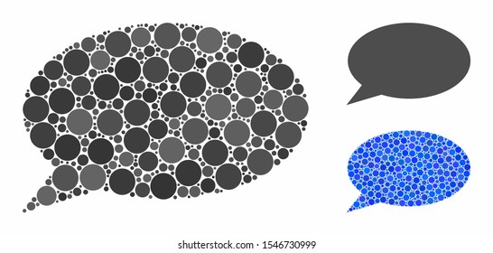 Message cloud composition of circle elements in different sizes and shades, based on message cloud icon. Vector circle elements are organized into blue composition.