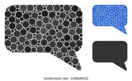 Message cloud composition of small circles in variable sizes and color tones, based on message cloud icon. Vector random circles are grouped into blue collage.