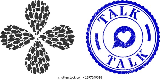Message cloud exploding flower with four petals, and blue round TALK grunge rubber print with icon inside. Object twist organized from oriented message cloud symbols.