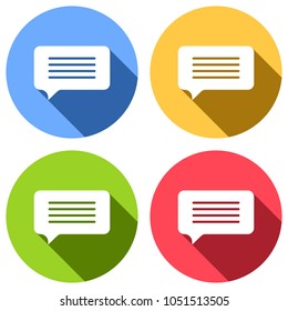 message cloud icon. Set of white icons with long shadow on blue, orange, green and red colored circles. Sticker style