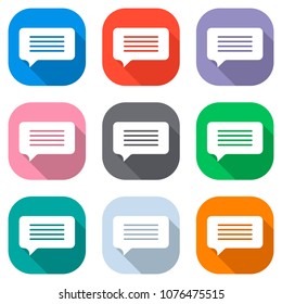 message cloud icon. Set of white icons on colored squares for ap