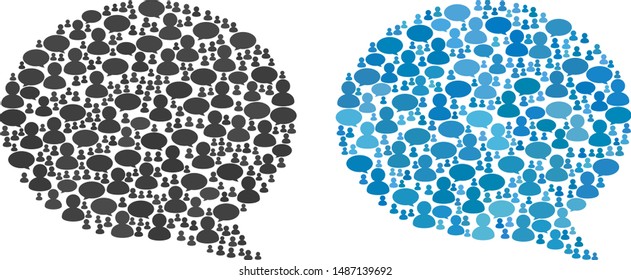 Message cloud mosaics of Chat Clouds and People symbols. Vector mosaic in blue color hues. Customers and chat balloons are organized into Message cloud mosaics. Flat design on a white background.