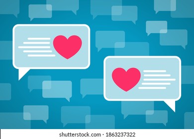 Message clouds with hearts inside them, many message clouds are around. Concept of love messages, online flirting, virtual love and declaration of love by sms