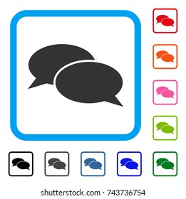 Message Clouds icon. Flat grey iconic symbol in a blue rounded squared frame. Black, gray, green, blue, red, orange color additional versions of Message Clouds vector.