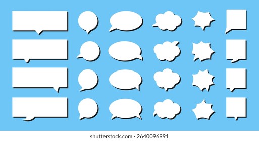 Message comments white Chat Box. Collection of flat style Speech bubbles. Empty comic Textboxes. Talk blank shapes with shadows