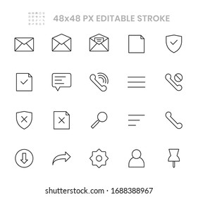 Message and communication 20 line icons design. Contains such as document, phone, security check, mail, search, and more. 48x48 pixel editable stroke. Vector illustration Eps 10.