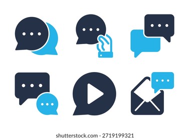 Conjunto de ícones Comunicação de mensagens e Mídia digital. Ícones da série de glifos sólidos